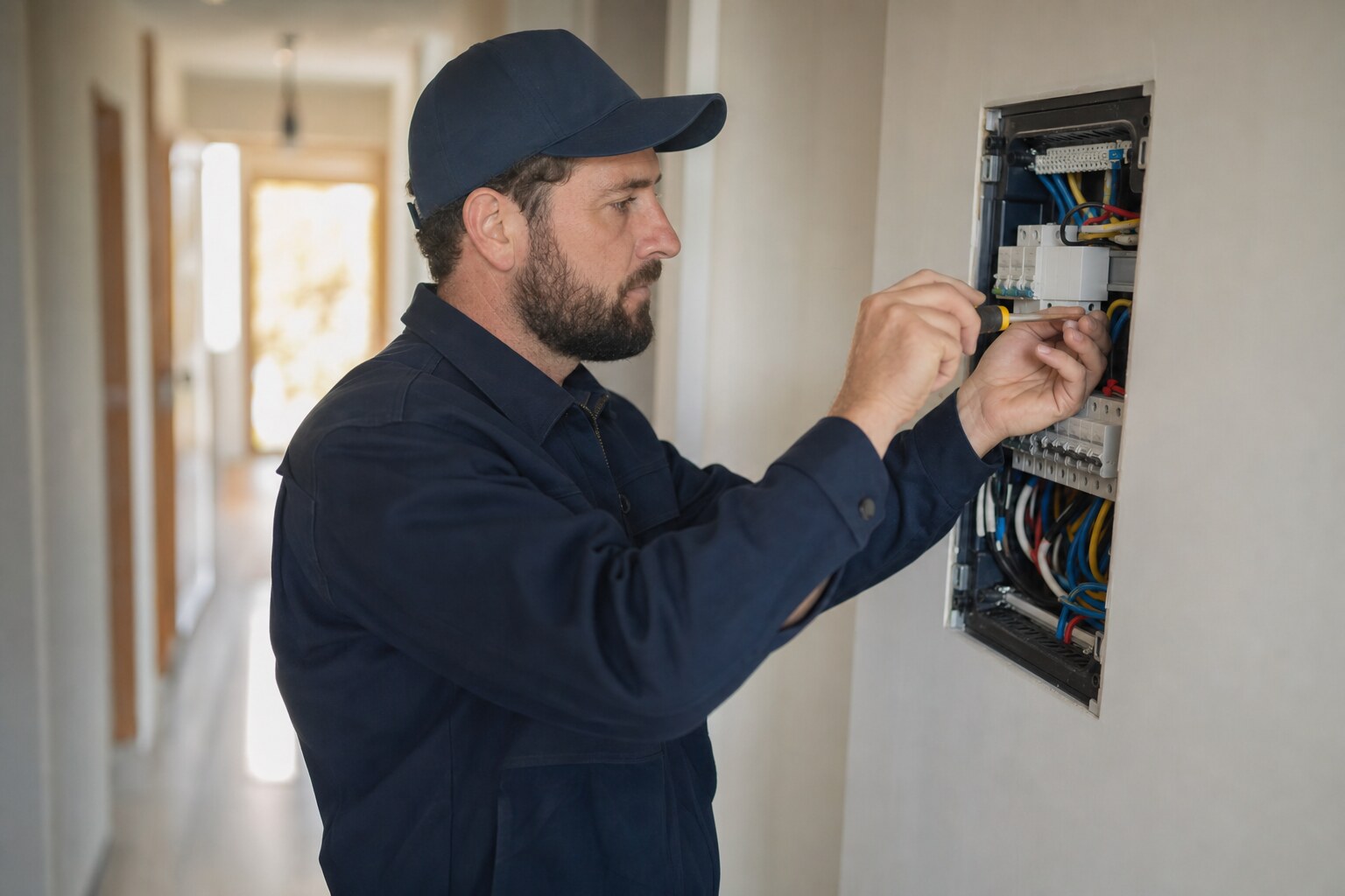 Elektryk montujący rozdzielnię elektryczną w domu